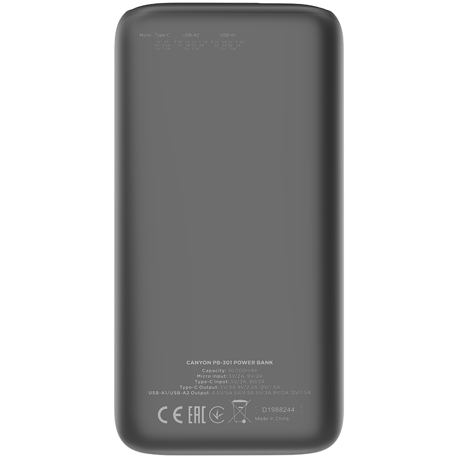 CANYON power bank PB-301 LED 30000 mAh PD 20W QC 3.0 Black - Image 3