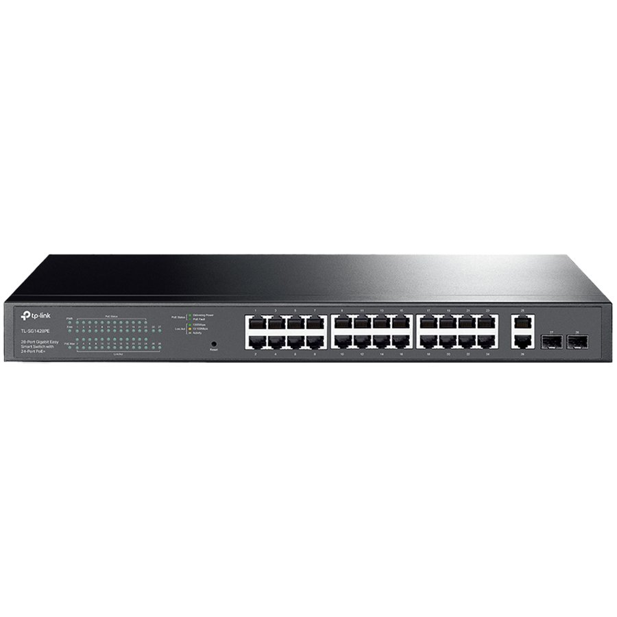 28-port gigabit Easy Smart switch with 24 PoE+ ports, 26 10/100/1000Mbps RJ-45 ports, 2 SFP uplink ports, compliant with 802.3af/at, 250W PoE budget, support Priority Mode, PoE Auto Recovery, 1U 19-inch rack mountable. - Image 2