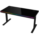 Dual-motor sit/stand adjustable-height gaming desk with wireless charger, RGB lighting, control panel, and USB ports, solid tempered glass tabletop, black.