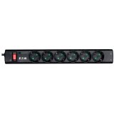Eaton Protection Strip 6 DIN, 10A, 2500W; Input: Schuko, Outputs: (6) Schuko; Power Cord Lenght 1m; Over voltage protection; On/Off switch; LED indication; 2yr warranty